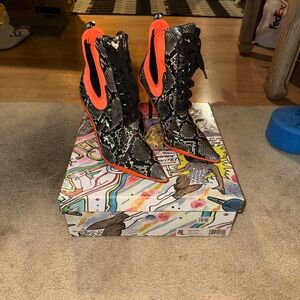 Jeffrey Campbell Black and Orange Snakeskin Lace-Up Boots